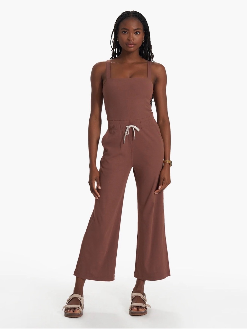 Vuori Pose Wide-Leg Jumpsuit in hazelnut